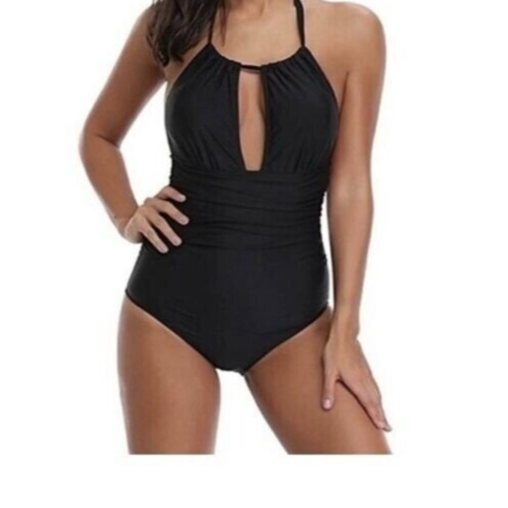 Sophisticated Black Halter One-Piece with Keyhole
